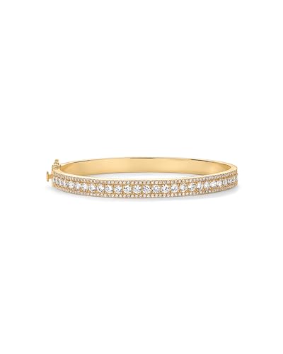 PAVOI 14K Yellow Gold Plated Cubic Zirconia Princess Cut Bangle Bracelet for Women | Classic Love Cuff CZ Stones Bracelet Jewelry