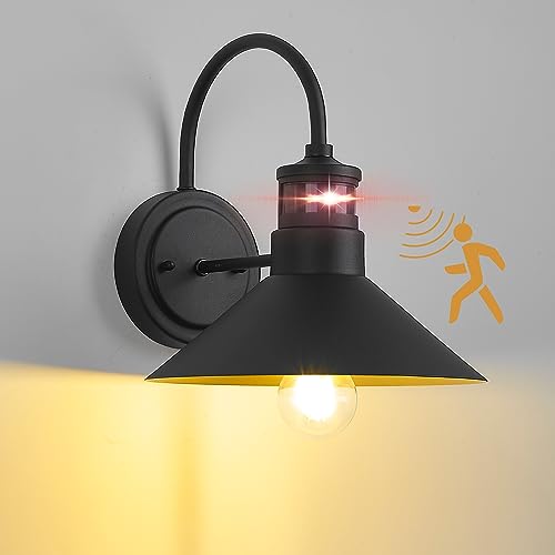 Motion Sensor Outdoor Wall Lights 10" Dusk to Dawn, 220° Wide Angle Detection & 3 Smart Modes, IP65 Waterproof Security Light with E26 Socket for Porch Garage Front Door (Black, Industrial Design)