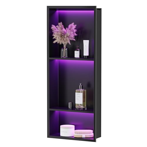 Qeke Stainless Steel Shower Niche 12" X 30", No Tile Needed Wall Niche with RGB Led Light, Recessed Niche Shower for Bathroom Storage Over Mount Installation, Matte Black