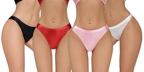 FEOYA Women Glossy Shiny Briefs Underwear Seamless Oil Smooth Panties 4 Pack See Through Low Rise Underwear Sexy Invisible Solid Tanga Panties