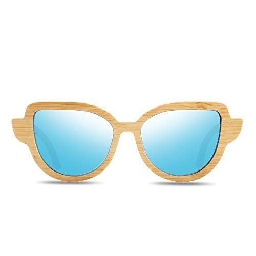 Barcur Bamboo Sunglasses Cat Eye Wood Sun Glasses Women Polarized Mirror Coating Lenses with Wooden Box(Blue)
