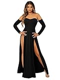 SweatyRocks Women's Elegant Off Shoulder Double High Slit Long Sleeve Dress A Line Maxi Dresses Black M