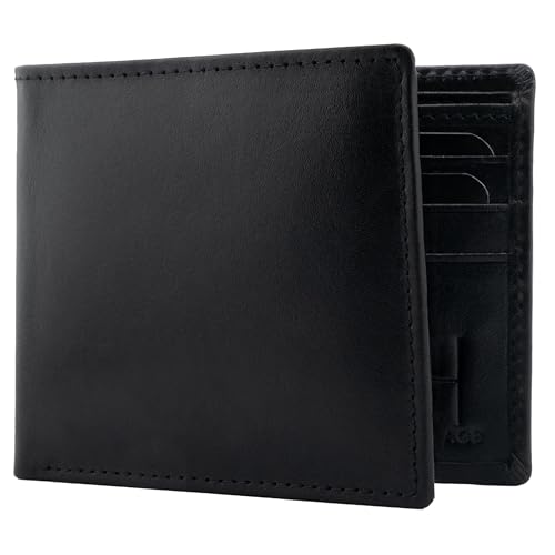 O'Hare Bags Genuine Leather Bifold Wallet for Men - RFID Blocking - Cowhide Leather - Slim, Extra Capacity Wallet - Extra Strong Stitching - Premium Gift Box (Bifold, Black)