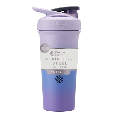 BlenderBottle Sport Sleek Insulated Stainless Steel Shaker Bottle with Wire Whisk, 25-Ounce, Lavender Ombre – Protein Shakes & Hydration for Athletes & Fitness Enthusiasts, Easy Mixing, Slim Easy to Hold, Keeps Drinks Cold, Lockable Lid