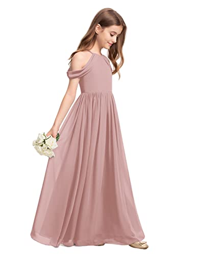 Kismissal Off-Shoulder Junior Bridesmaid Dresses Long Chiffon Flower Girl Dress for Teen Girls Party Pageant Gowns Halter Dusty Rose Size 14