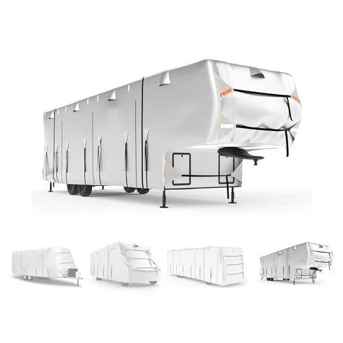FRUNO Oxford Fabric 5th Wheel RV Cover Fits 37'-41' Waterproof Rip-Resistant Anti-UV Fifth Wheel Toy Hauler Camper Cover for Winter Snow with 4 Tire Covers and Gutter Covers