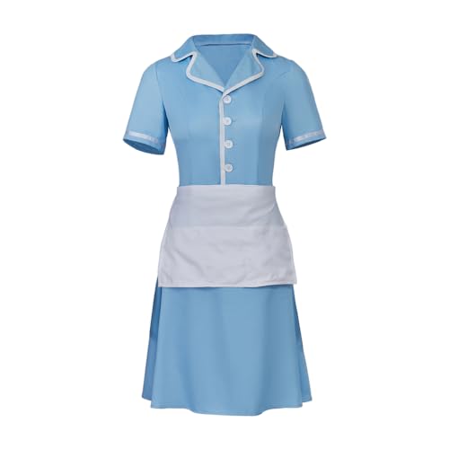 iSHOWcos Musical Waitress Cosplay Costume Women Blue Maid Dress Uniform with Apron Outfit (Blue, S)
