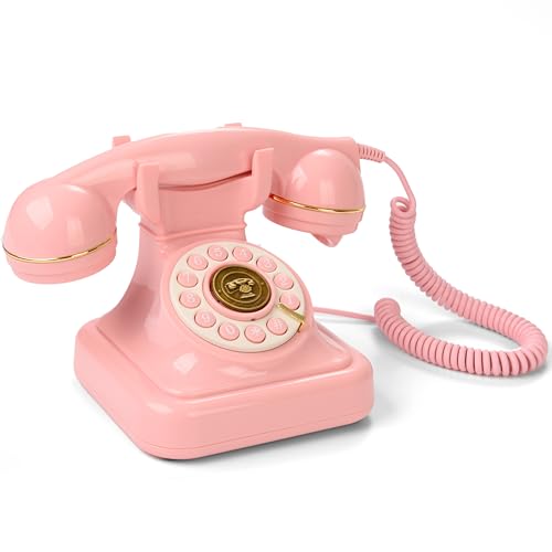 Retro Old Corded Landline Telephone, Vintage Fashioned 1960's Dial Button Wired Desk Phone, with Redial Function for School Home Office Vintage Hotel (Pink)