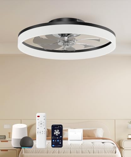 AQUBT Smart Ceiling Fans with Light and Remote,20'' Low Profile Ceiling Fan with 6-Speed & Dimmable LED, Alexa/APP Home Voice Control, App, Reversible Airflow, App Timer, for Bedroom（Black）