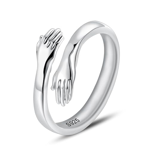 LOVECOM S925 Sterling Silver Hug Rings for Women Adjustable Hugging Hands Open Ring for Men Promise Rings Jewelry Birthday Mothers Day Gifts for Dad Mom Wife Daughters Grandma Best Friend (Double Hands Hugging, US Size 7)