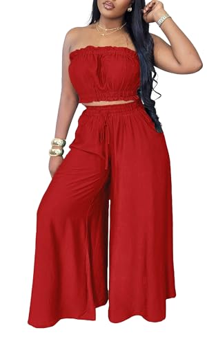 Plus Size Summer Outfits Crop Tops High Waisted Wide Leg Pants Sets Clubbing Outfits Red XXL