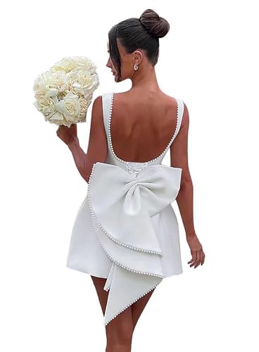 Fivsole White Short Bridal Dress with Bow Pearl Satin A-Line Vintage White Wedding Dress Mini Homecoming Dress 2025 Corset Back US4