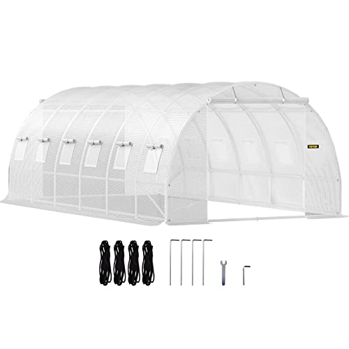 VEVOR 20 x 10 x 7 ft Walk-in Tunnel Greenhouse, Portable Plant Hot House w/Galvanized Steel Hoops, 3 Top Beams, Diagonal Poles, 2 Zippered Doors & 12 Roll-up Windows, White