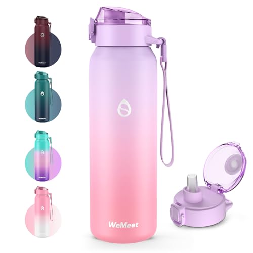 WEMEET 32OZ Sports Water Bottle With Removable Straw and Chug Lid, 18/10 Stainless Steel Insulated Water Bottle Leakproof with Removable Strap for Sports, Gym, Travel, and School(PURPLE PINK)