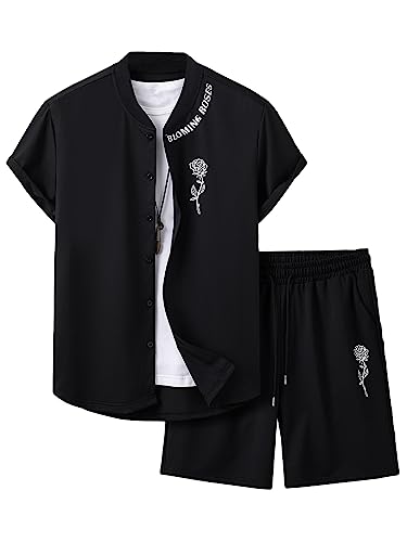 COZYEASE Men's 2 Pieces Floral Letter Graphic Print Button Front Short Sleeve Shirt Top and Shorts Set Black S