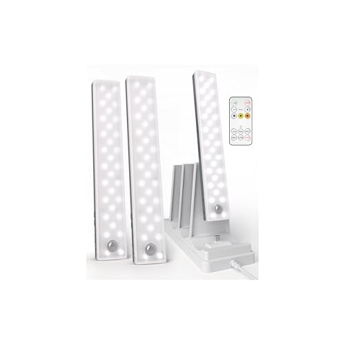 EZVALO 62 LED Under Cabinet Lighting with Charging Station, Rechargeable Motion Sensor Lights, 3 Color Temps, Dimmable Wireless Closet Lights w/Remote for Kitchen, Wardrobe, Pantry- 3 Pack