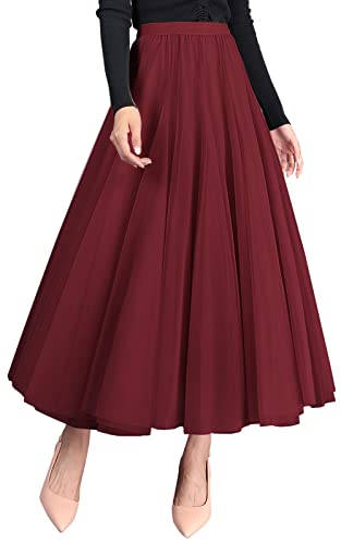 Red Tulle Skirt for Women Pleated Layered Tutu Skirt Ladies Elegant Flowy Long Skirts Lace Bridesmaid Wedding Midi Skirt