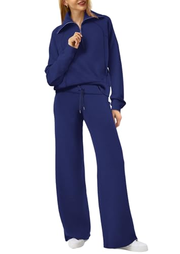 XIEERDUO Airport Outfit For Women Set 2 Piece Oversized Sweatsuit Tracksuit Set Navy Blue M