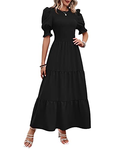 BTFBM Women Casual Summer Dresses 2025 Spring Crew Neck Ruffle Short Sleeve Floral Print Smocked Boho Flowy Maxi Dress(Solid Black, X-Large)