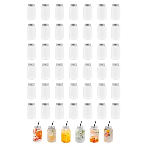 NestGlynezz 48Pcs Milk Tea Jars with Leak Proof Seal Cap, Plastic Juice Bottles, Drink Containers with Aluminum Caps, 450ml/15.2oz, Clear Drinking Bottle with Straw Hole