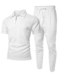 UOUA Mens Sweat Suits Set Tracksuit 2 Piece Outfits Short Sleeve Casual Sweatshirt & Loose Jogging Pants Polo Track Suit Loungewear Athletic Sweatsuit White XL