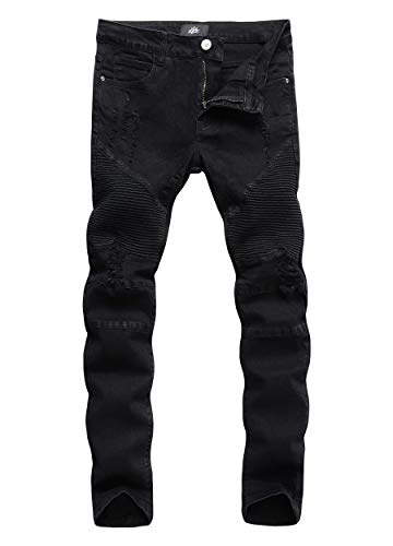 ZLZ Black Ripped Biker Jeans for Men Slim Fit, Men's Comfy Stretch Distressed Biker Jeans Pants Rock, Designer Jeans, Size 32