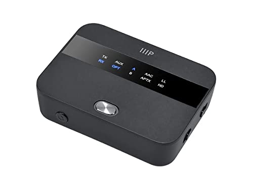 Monoprice Bluetooth 5 Long Range Transmitter and Receiver - with AptX HD and AptX Low Latency, SBC, AAC, Up to 32 Feet (10 Meters) Toslink/Optical, 3.5mm Aux, Up to 25 Hours of Audio Playback