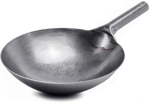 ROSPFKELSC 32cm Thickened Uncoated Carbon Steel Wok, Traditional Hand-Forged, Non-Stick Iron Pot, Gas Stove Compatible, & Rust-Resistant(34cm)