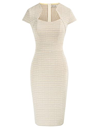 Women's Plaid Pencil Work Dress Cap Sleeve Elegant Tweed HIPS-Wrapped Dress Medium
