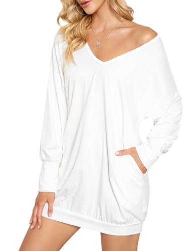 ZANZEA Women's V Neck Long Sleeve Loose Oversized Baggy Tops Blouses Pullover Tunic Sweater Dress with Pockets White S