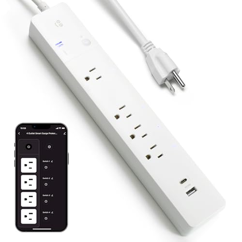 Geeni Multi Outlet Plug in, Smart 4 Outlet Wall Plug Plus 2 USB Ports, Surge Protector with 6 Ft Cord, WiFi Control, Alexa & Google Home Compatible, White