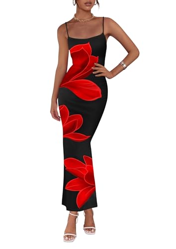 PRETTYGARDEN Womens Floral Maxi Dress Summer 2025 Sexy Spaghetti Strap Slip Bodycon Mesh Beach Vacation Dresses(Black,Medium)