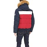 Tommy Hilfiger Men's Quilted Arctic Cloth Snorkel Bomber Jacket with Removable Hood (Standard and Big & Tall), Navy/White/Red, Medium