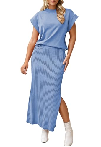 Pink Queen Women's Two Piece Skirt Dress Set Fashion Autumn Cap Sleeve Sweater Outfits High Waist Ribbed Knit Slit Pencil Maxi Dress Light Blue M