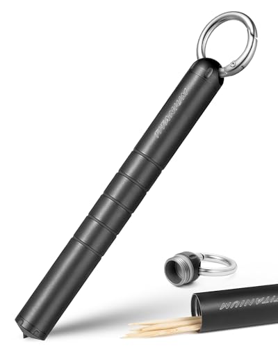 TISUR Titanium Portable Toothpick Holder Box, Pocket Waterproof Case Toothpicks Container with Keychain for Outdoor Picnic and Camping (Black)