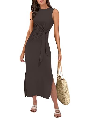 ANRABESS Womens Summer Casual Sleeveless T Shirt Midi Dress Slim Fit Tie Waist Split Tank Long Dresses 2025 Vacation Sundress Coffee Large