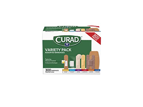 CURAD Assorted Bandages Variety Pack, 6 Styles Including Antibacterial, Waterproof, Sheer, Plastic, Heavy Duty & Flex-Fabric, Protects Scrapes, Cuts & Burns, Latex-Free, 300 Count