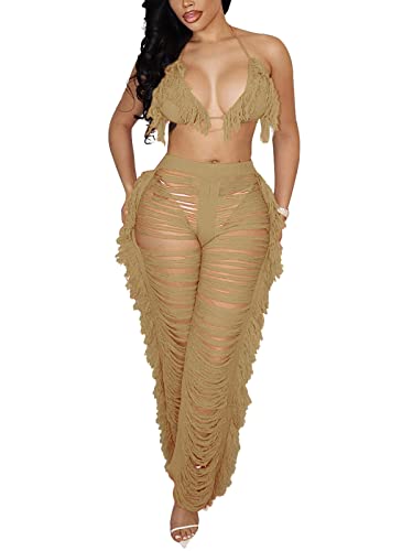 KANSOON Two Piece Outfits for Women Sexy Fringe Crochet Halter Bikinis and Long Pants Cover Up Clubwear Vacation Sets Khaki XL