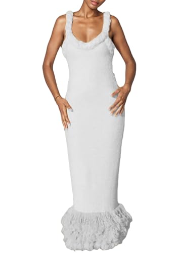 LAJIOJIO Women's Fringe Hem Sleeveless Package Hip Dresses Backless Bodycon Party Long Pencil Dress White