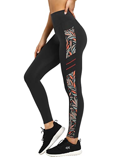 Yvette Printed Workout Leggings for Women High Waisted Yoga Pants with 2 Pockets Non See-Through Tummy Control, Orange Printed, M