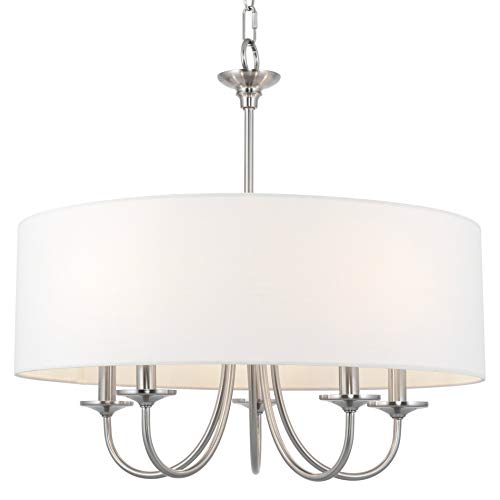 Kira Home Quinn 22" Traditional 5-Light Chandelier/Adjustable Chain Link Hanging Light + White Linen Drum Shade, Brushed Nickel Finish
