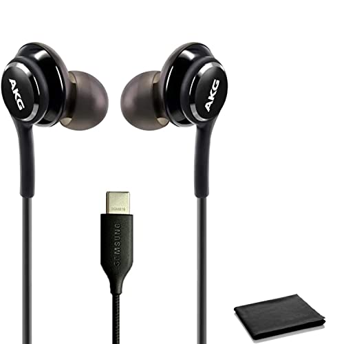 ElloGear 2023 Earbuds Stereo Headphones for Samsung Galaxy Note 10, Note 10+, Galaxy S10, S9 Plus, S10e - Designed by AKG - Cable with Microphone, Volume Remote Type-C Connector - Black with Cloth