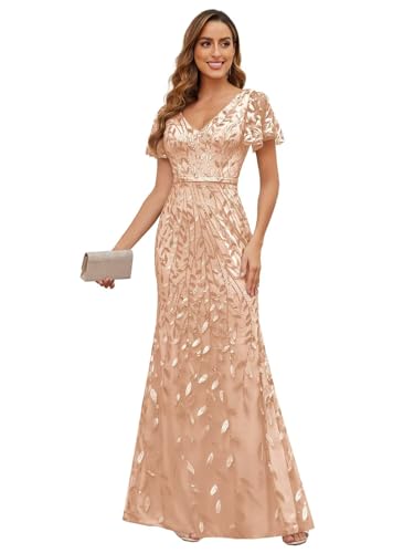 JKMMYO Rose Gold Sequin Mother of The Groom Dresses for Wedding V Neck Mermaid Long Evening Gowns with Short Sleeves Size 10