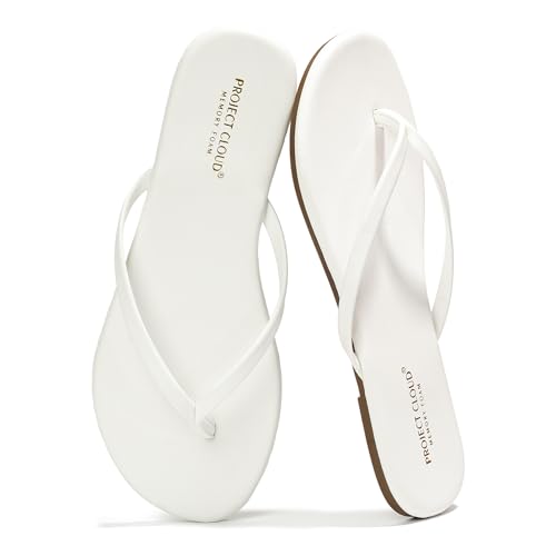 Project Cloud Flip Flops for Women - Memory Foam Flats Summer Sandals for Women 2025 - Vegan Leather Lightweight Womens Sandals Summer Beach Essentials Slides (Foundations, White, 11)