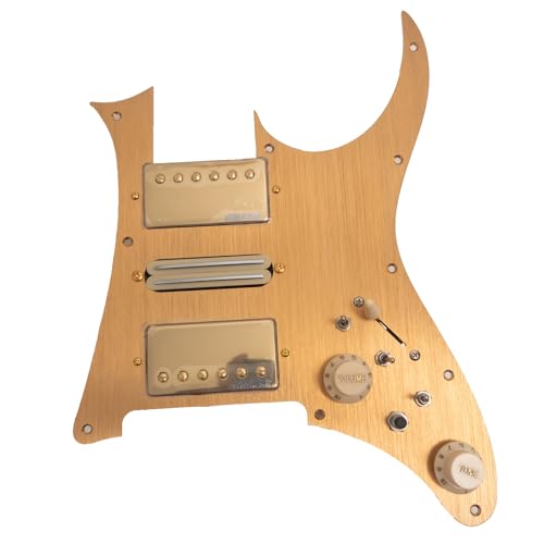 For Ibanez RG Guitar Prewired Loaded Pickguard, Brushed Gold Aluminum, Alnico 5 Humbucker & Single Coil HSH Pickup Set with Coil Splitting, Universal Fit for Ibanez JEM, GRG, GIO Models Guitar