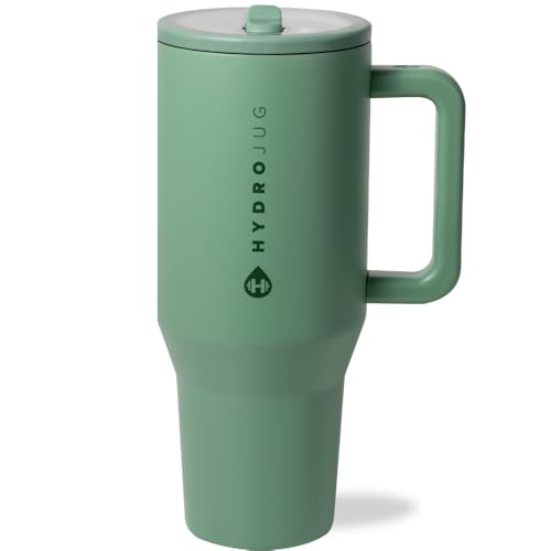 HydroJug Traveler - 40 oz Water Bottle with Handle & Flip Straw - Fits in Cup Holder, Leak Resistant Tumbler-Reusable Insulated Stainless Steel & Rubber Base - Gifts for Women & Men, Sage