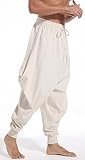 AITFINEISM Men's Drawstring Aladdin Hippie Harem Pants Loose Drop Crotch Trousers (Medium, Beige)