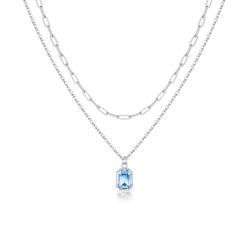 Vrsilver Aquamarine Necklace for Women, March Birthstone for Girls, Blue Stone