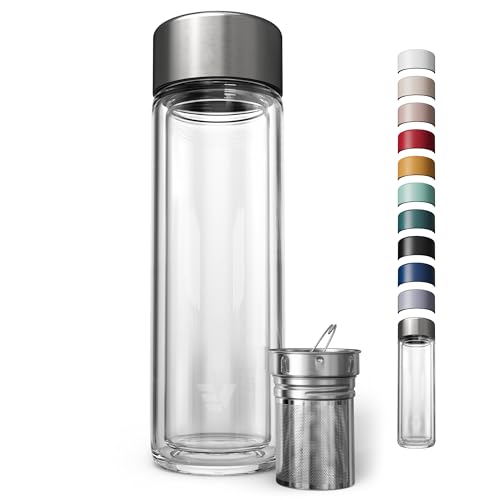 EVER VESSEL Glass Multi Tea Infuser Bottle 14oz - Double Wall Borosilicate Glass Flask | No Plastic Touches Contents | Perfect for Office or Home