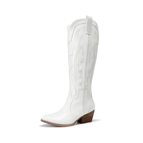 DREAM PAIRS Womens Cowboy Knee High Boots Comfortable Pull On Side Zipper Chunky Heel Embroidered Western Cowgirl Boots Retro Tall Boot,Size 8,White,DWUMKB2501